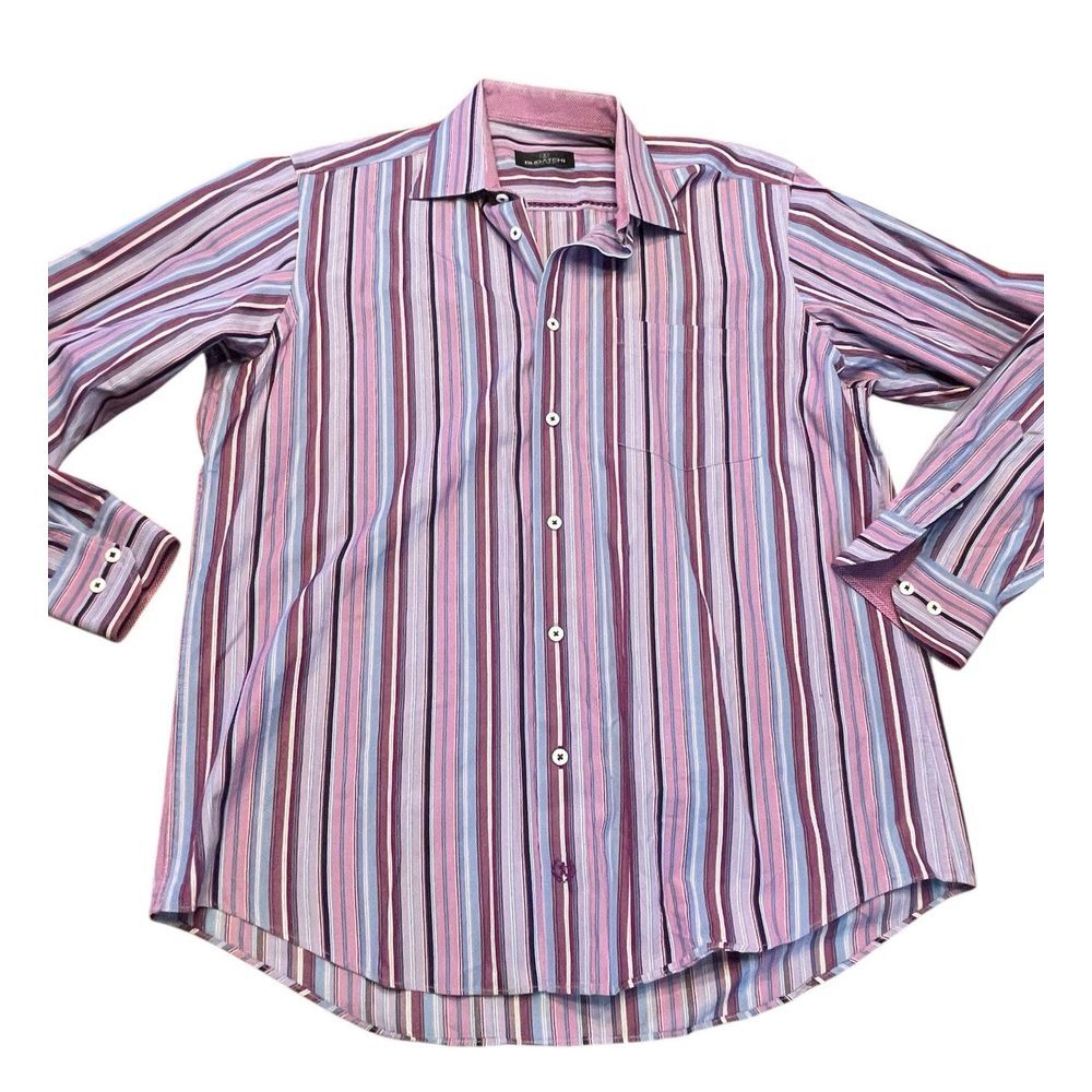 Bugatchi Shirt Mens Large Purple Striped Button Up Long Sleeve Business Dressy